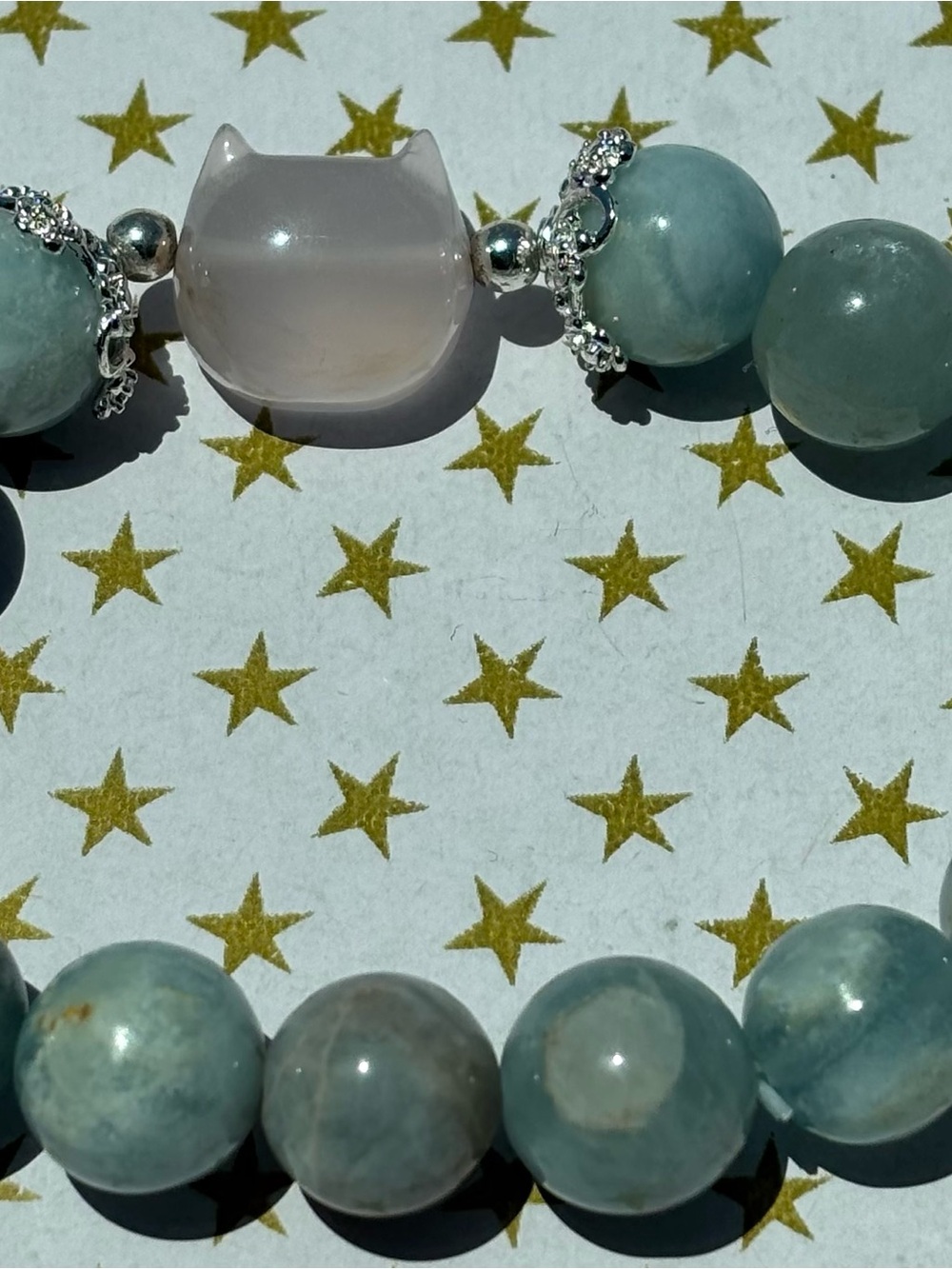 Handcrafted Blue and Pink Gemstone Cat Bead Bracelet